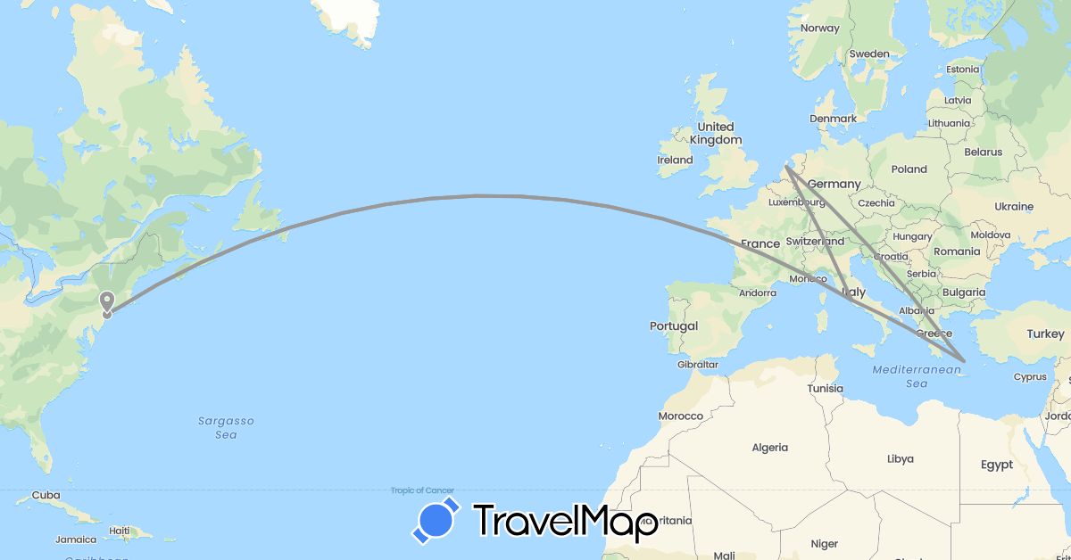 TravelMap itinerary: driving, plane in Greece, Italy, Netherlands, United States (Europe, North America)